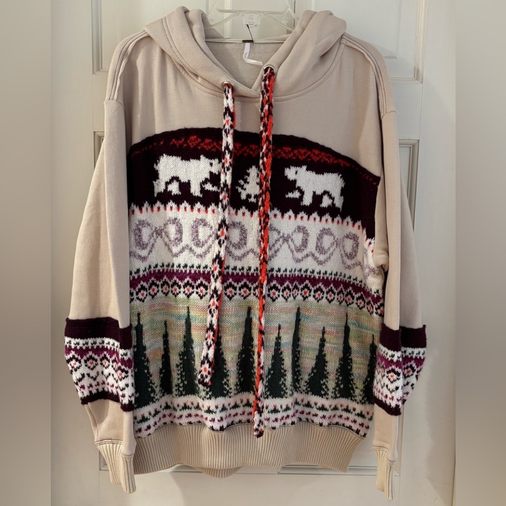 Free People Cream Knit Hoodie with Forest and Bear Fair Isle - Picture 3 of 7
